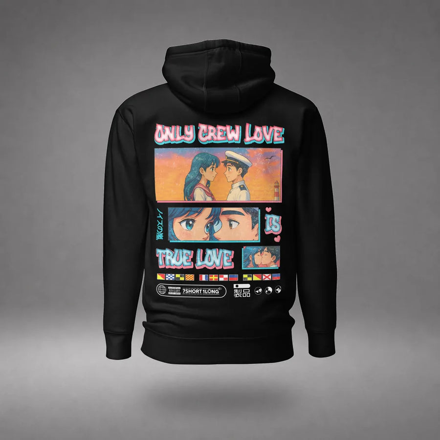 Seafarer Anime Crew Love Is True Love Hoodie in Black, featured product view, floating over a gray studio floor.