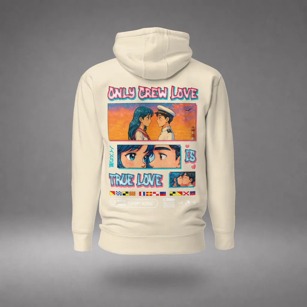 Seafarer Anime Crew Love Is True Love Hoodie in Bone, featured product view, floating over a gray studio floor.