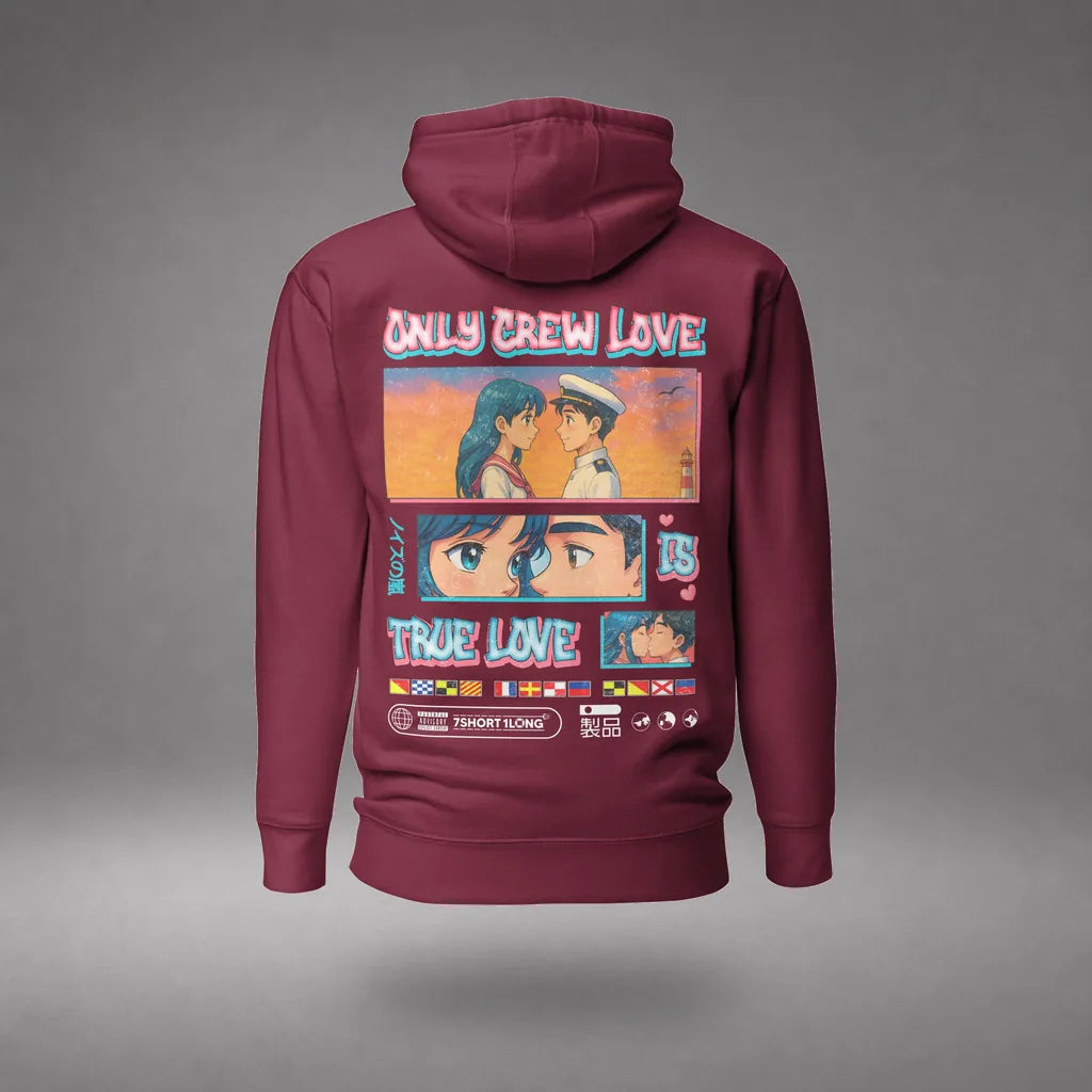 Seafarer Anime Crew Love Is True Love Hoodie in Maroon, featured product view, floating over a gray studio floor.
