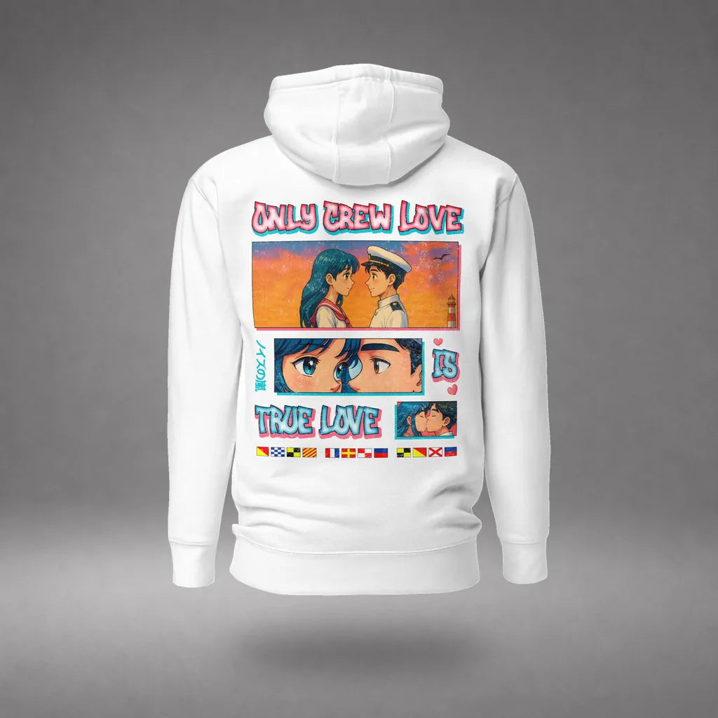 Seafarer Anime Crew Love Is True Love Hoodie in White, featured product view, floating over a gray studio floor.