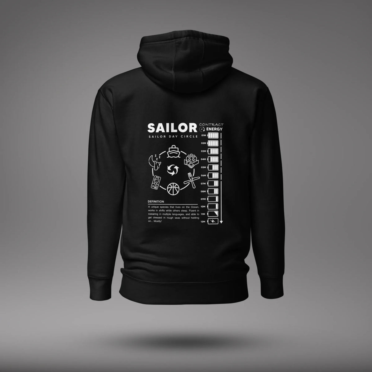 Black Seafarer Daily Life Hoodie, back view with the Sailor Day Circle graphic and sailor definition, floating on a gray studio background.