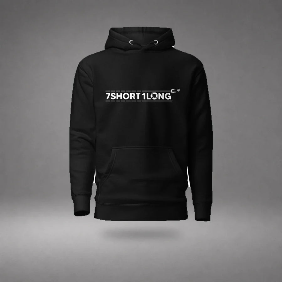 Black Seafarer Daily Life Hoodie floating mockup, front view with 7SHORT1LONG chest logo and soft shadow.
