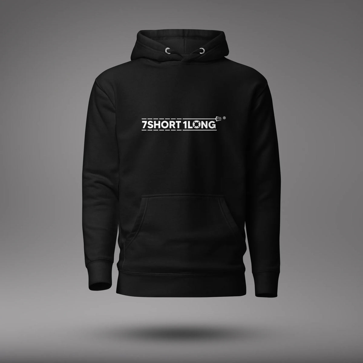 Black Seafarer Daily Life Hoodie, front view with 7SHORT1LONG chest logo, floating on a gray studio background.