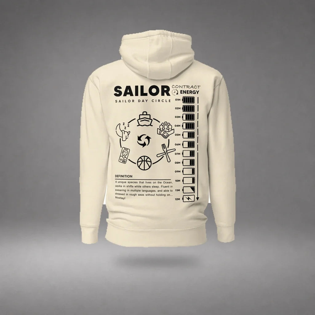 Bone Seafarer Daily Life Hoodie floating mockup, back view with sailor daily routine graphic and soft shadow.