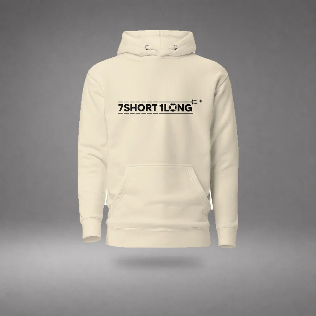 Bone Seafarer Daily Life Hoodie floating mockup, front view with 7SHORT1LONG chest logo and soft shadow.