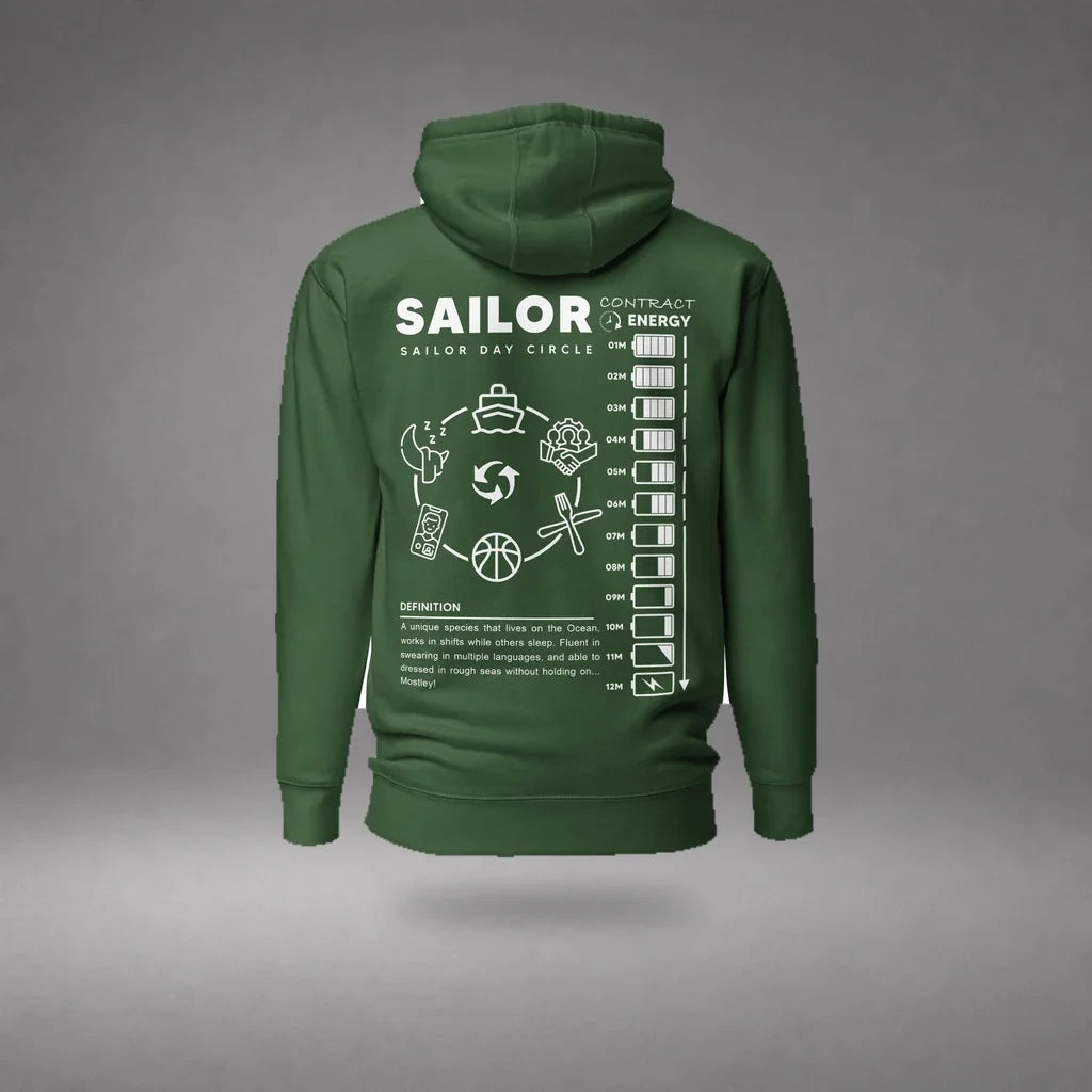 Forest Green Seafarer Daily Life Hoodie floating mockup, back view with sailor daily routine graphic and soft shadow.