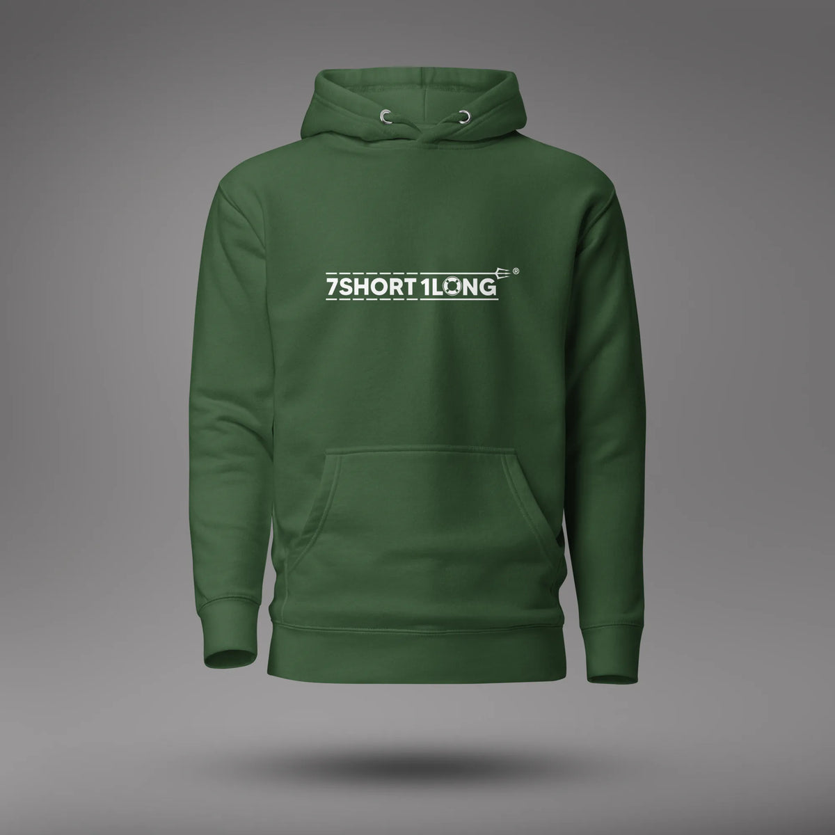 Forest Green Seafarer Daily Life Hoodie, front view with 7SHORT1LONG chest logo, floating on a gray studio background.