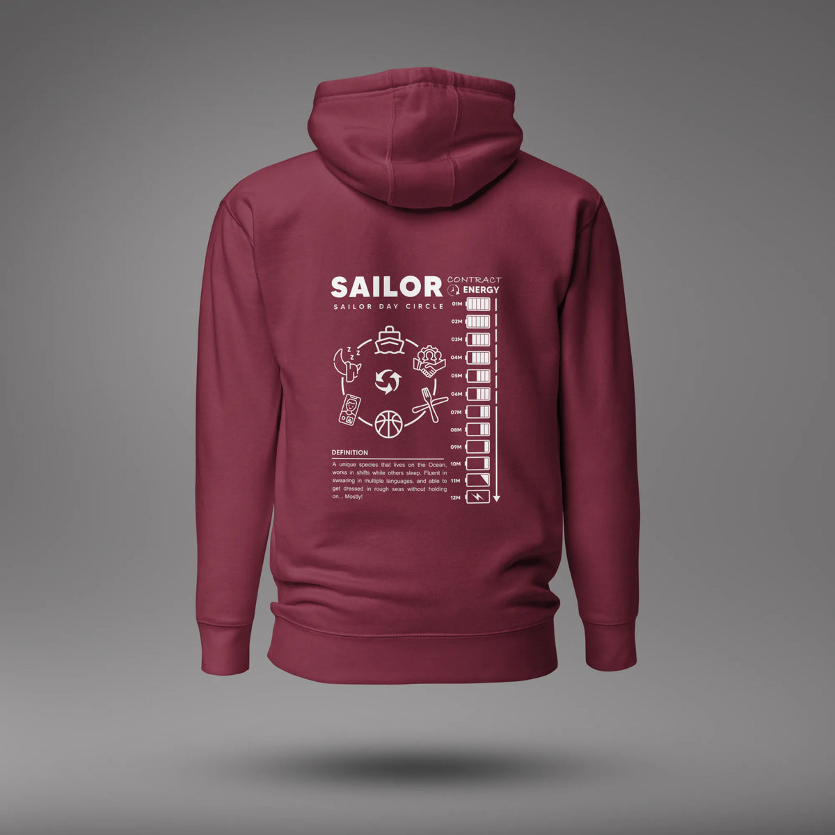 Maroon Seafarer Daily Life Hoodie, back view with the Sailor Day Circle graphic and sailor definition, floating on a gray studio background.