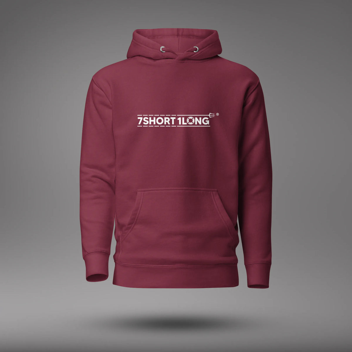Maroon Seafarer Daily Life Hoodie, front view with 7SHORT1LONG chest logo, floating on a gray studio background.