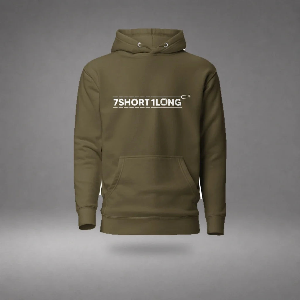 Military Green Seafarer Daily Life Hoodie floating mockup, front view with 7SHORT1LONG chest logo and soft shadow.