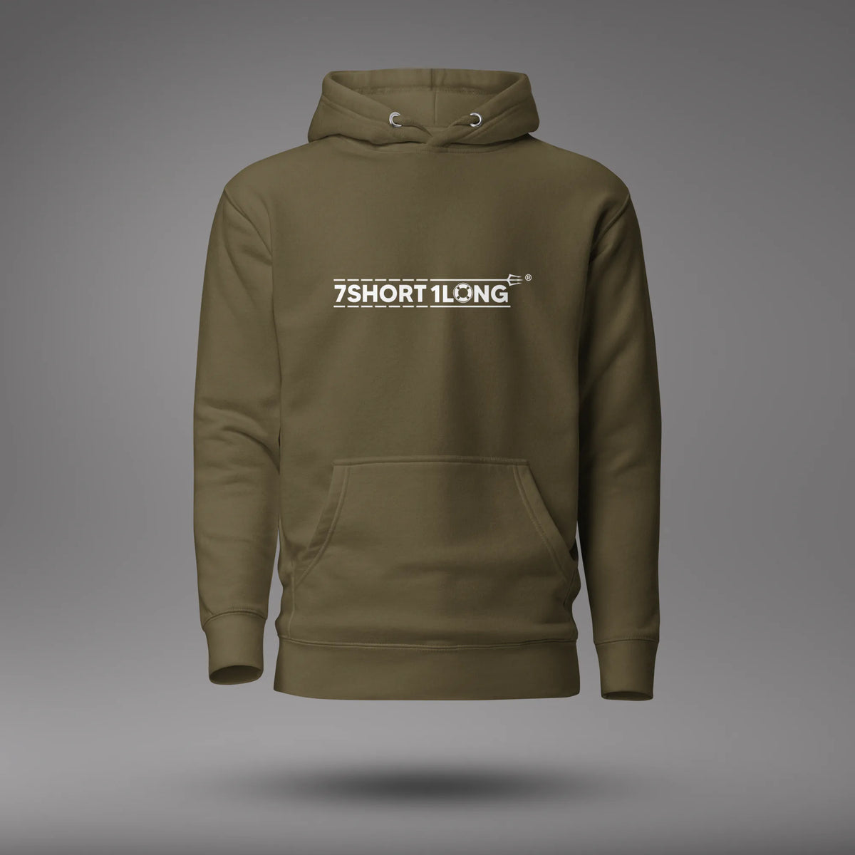Military Green Seafarer Daily Life Hoodie, front view with 7SHORT1LONG chest logo, floating on a gray studio background.