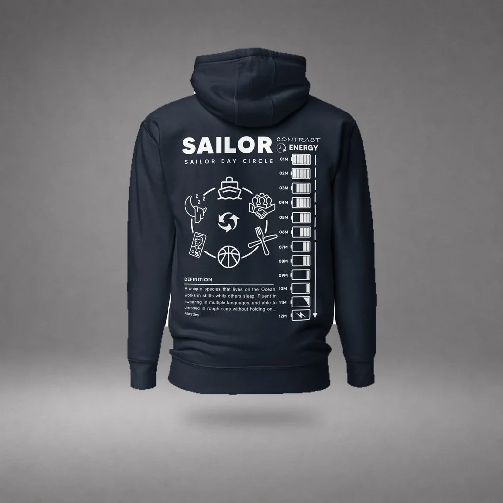 Navy Blazer Seafarer Daily Life Hoodie floating mockup, back view with sailor daily routine graphic and soft shadow.