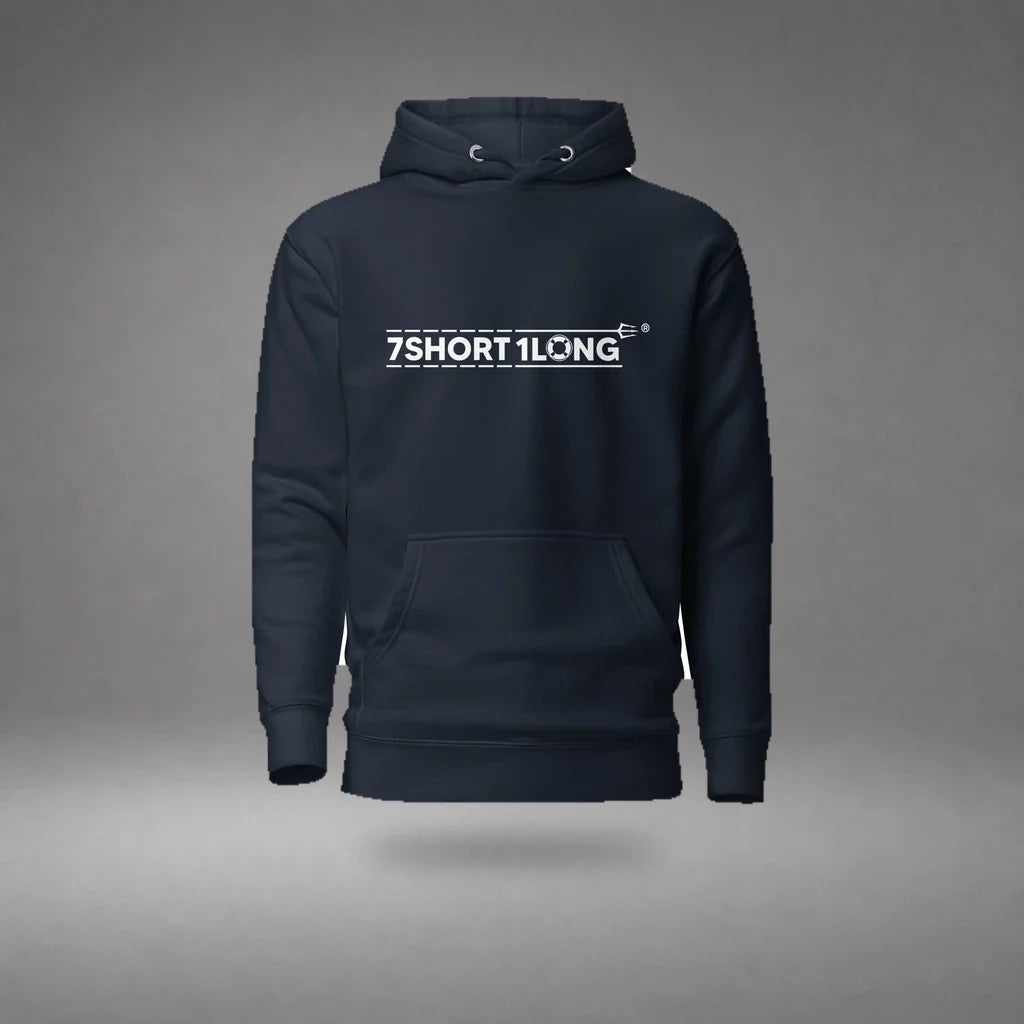 Navy Blazer Seafarer Daily Life Hoodie floating mockup, front view with 7SHORT1LONG chest logo and soft shadow.