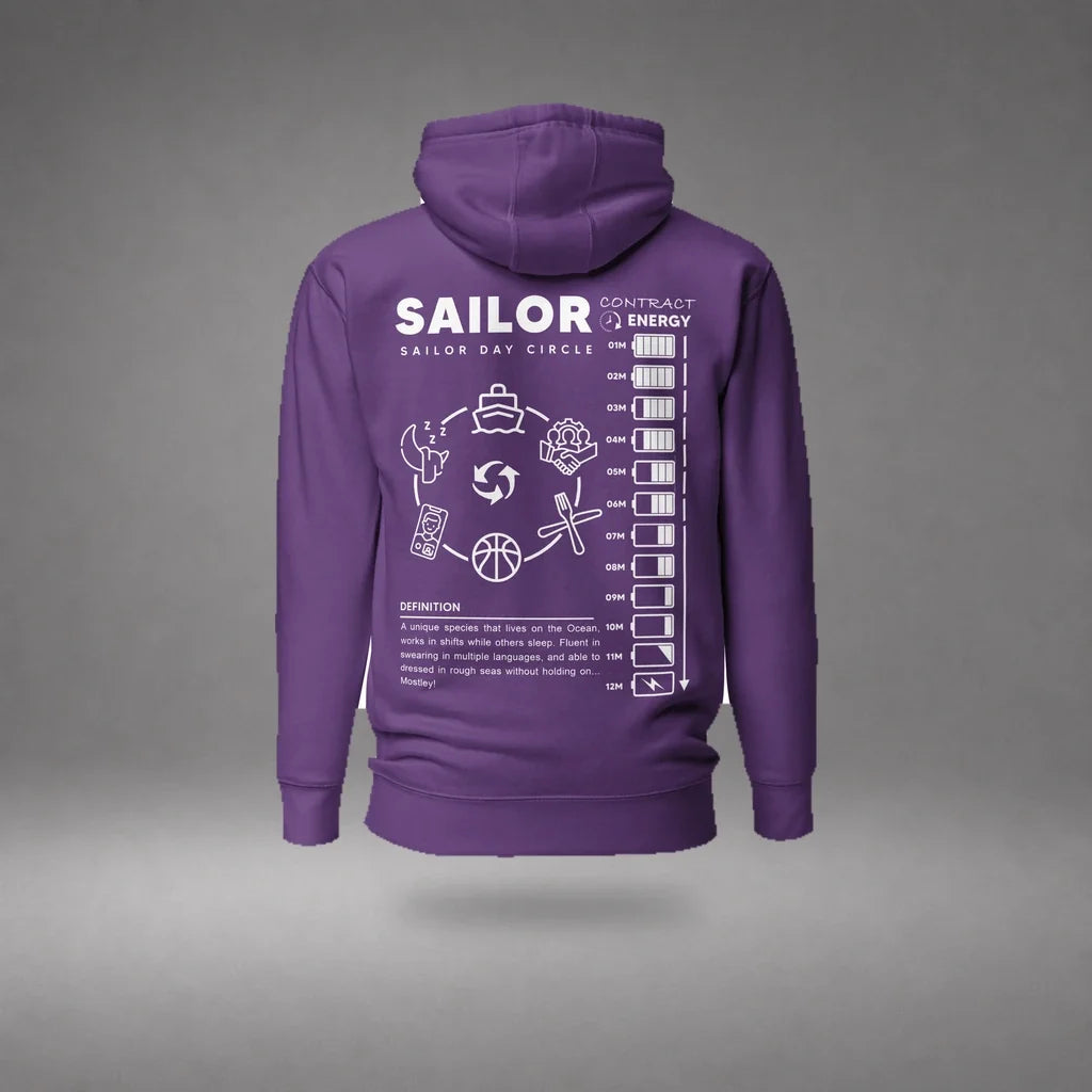 Purple Seafarer Daily Life Hoodie floating mockup, back view with sailor daily routine graphic and soft shadow.