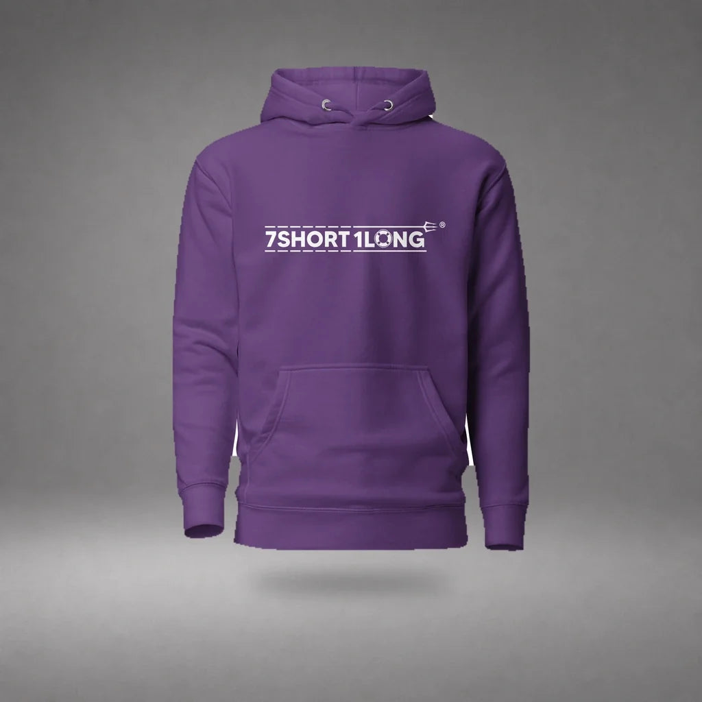Purple Seafarer Daily Life Hoodie floating mockup, front view with 7SHORT1LONG chest logo and soft shadow.