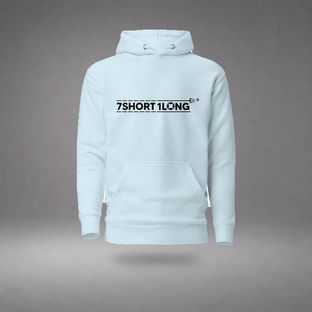 Sky Blue Seafarer Daily Life Hoodie floating mockup, front view with 7SHORT1LONG chest logo and soft shadow.