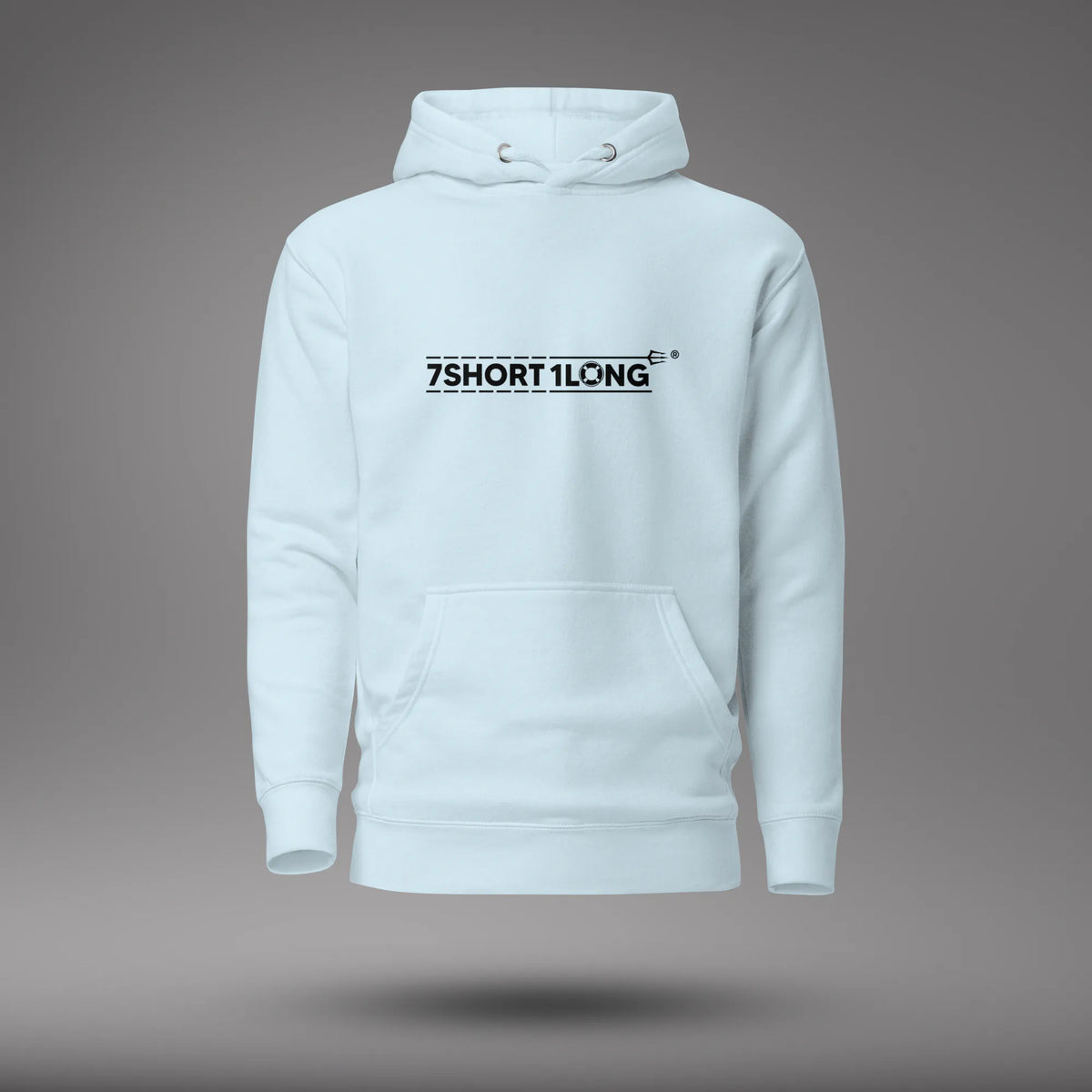 Sky Blue Seafarer Daily Life Hoodie, front view with 7SHORT1LONG chest logo, floating on a gray studio background.