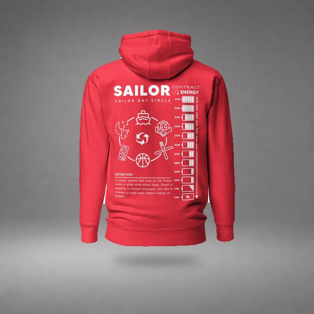 Team Red Seafarer Daily Life Hoodie floating mockup, back view with sailor daily routine graphic and soft shadow.