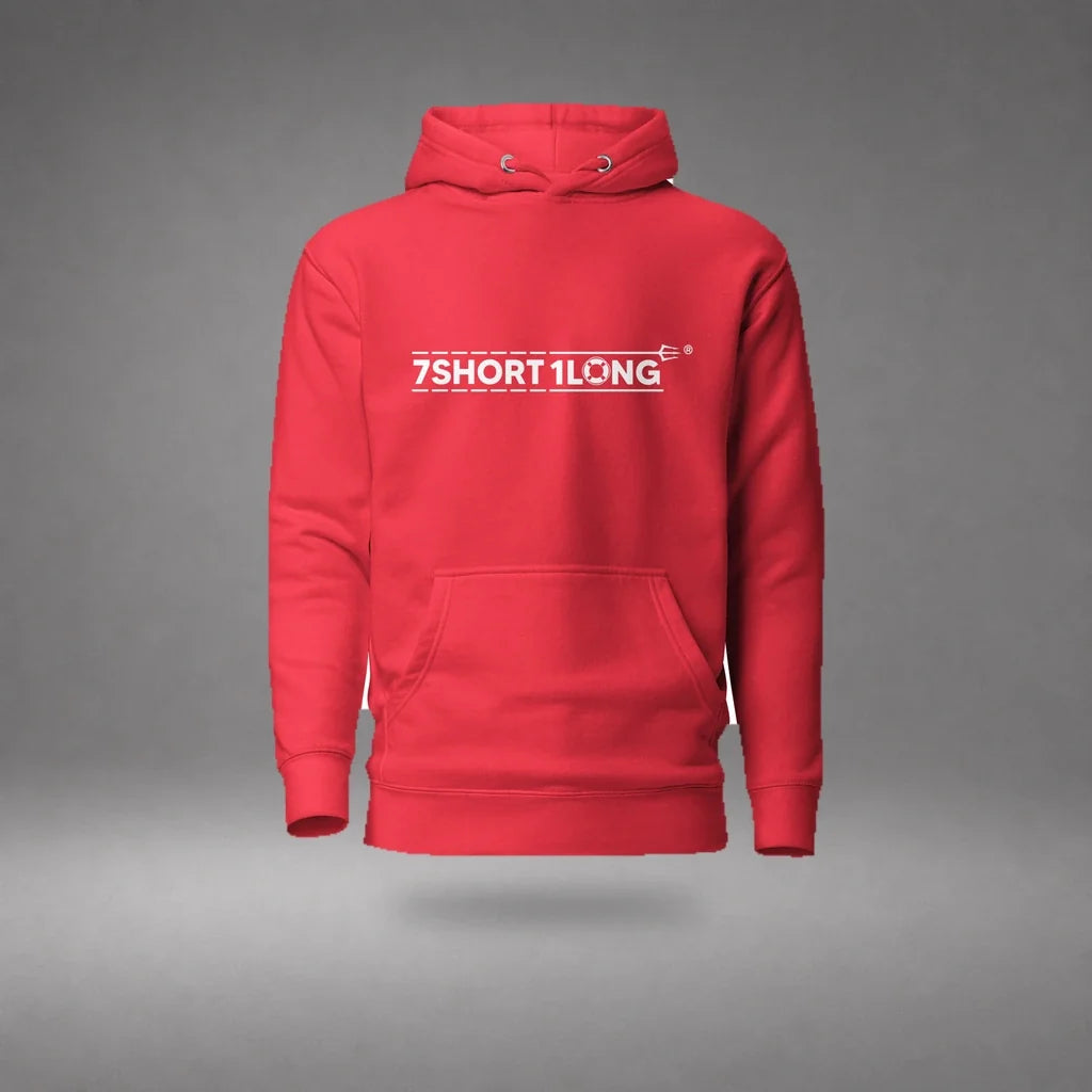 Team Red Seafarer Daily Life Hoodie floating mockup, front view with 7SHORT1LONG chest logo and soft shadow.
