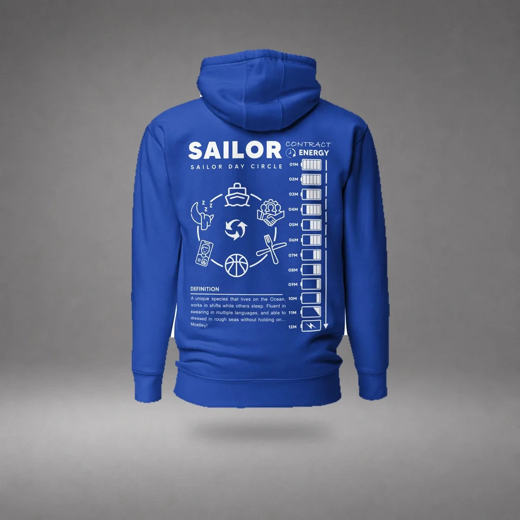 Team Royal Seafarer Daily Life Hoodie floating mockup, back view with sailor daily routine graphic and soft shadow.
