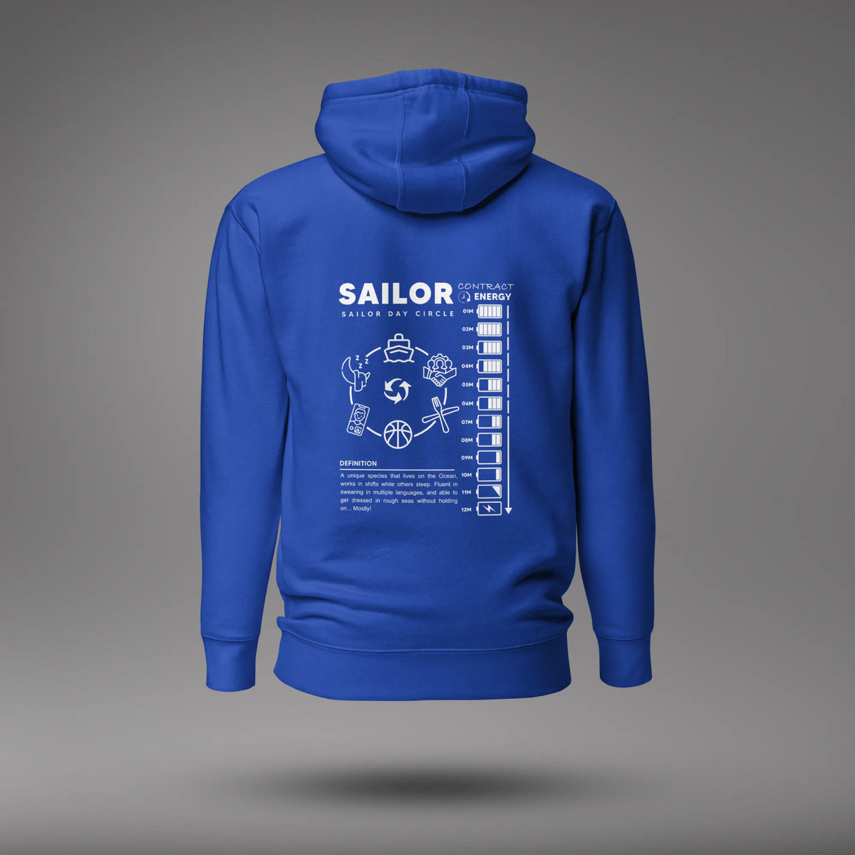 Team Royal Seafarer Daily Life Hoodie, back view with the Sailor Day Circle graphic and sailor definition, floating on a gray studio background.