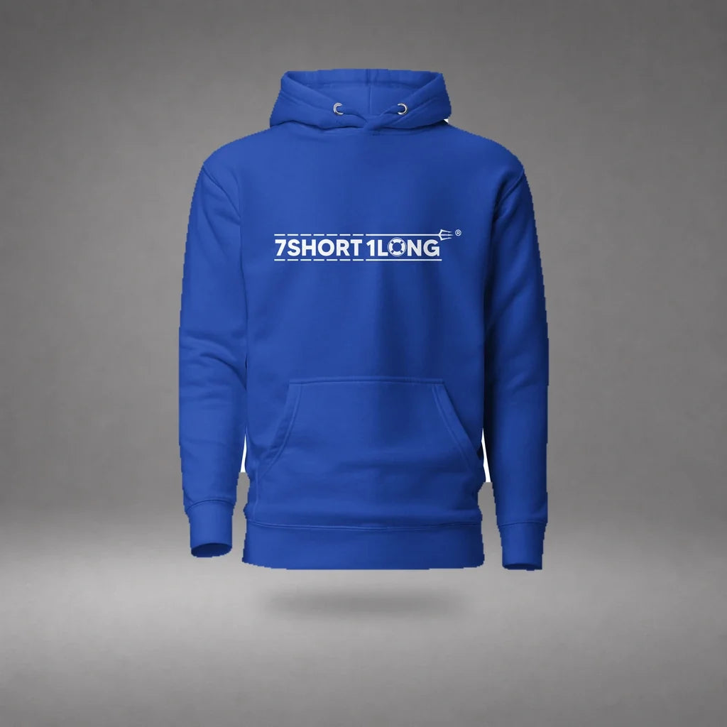 Team Royal Seafarer Daily Life Hoodie floating mockup, front view with 7SHORT1LONG chest logo and soft shadow.