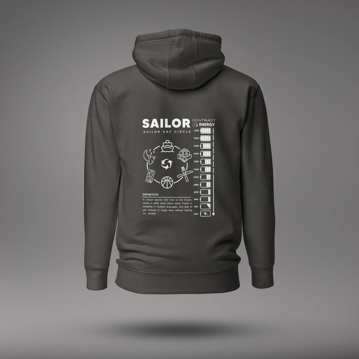 Vintage Black Seafarer Daily Life Hoodie, back view with the Sailor Day Circle graphic and sailor definition, floating on a gray studio background.