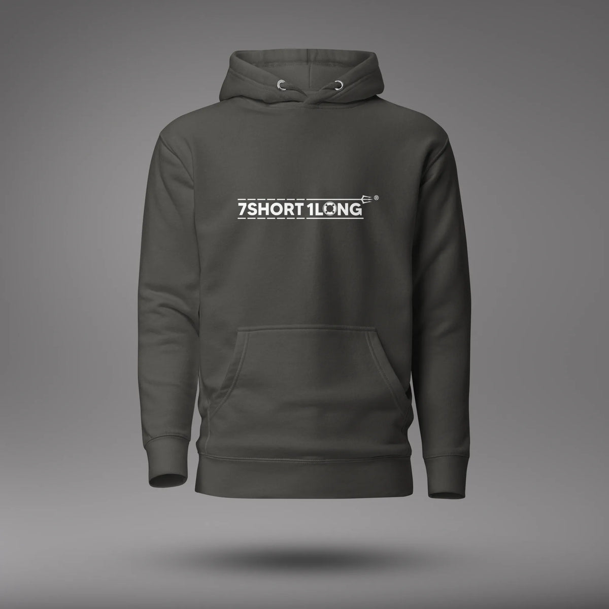 Vintage Black Seafarer Daily Life Hoodie, front view with 7SHORT1LONG chest logo, floating on a gray studio background.