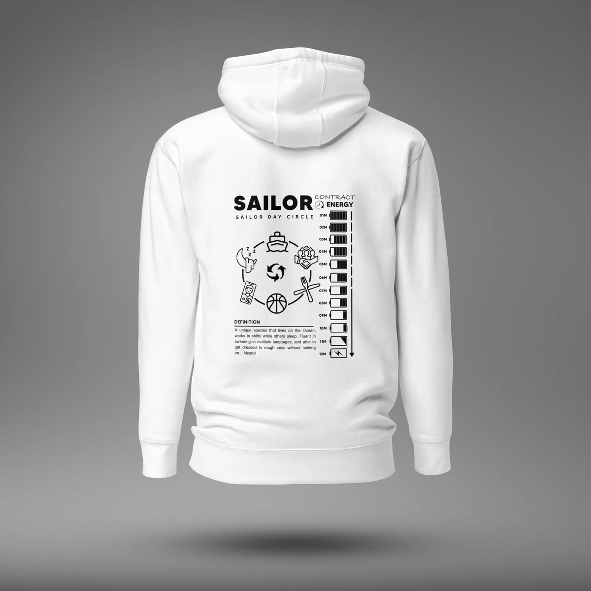 White Seafarer Daily Life Hoodie, back view with the Sailor Day Circle graphic and sailor definition, floating on a gray studio background.