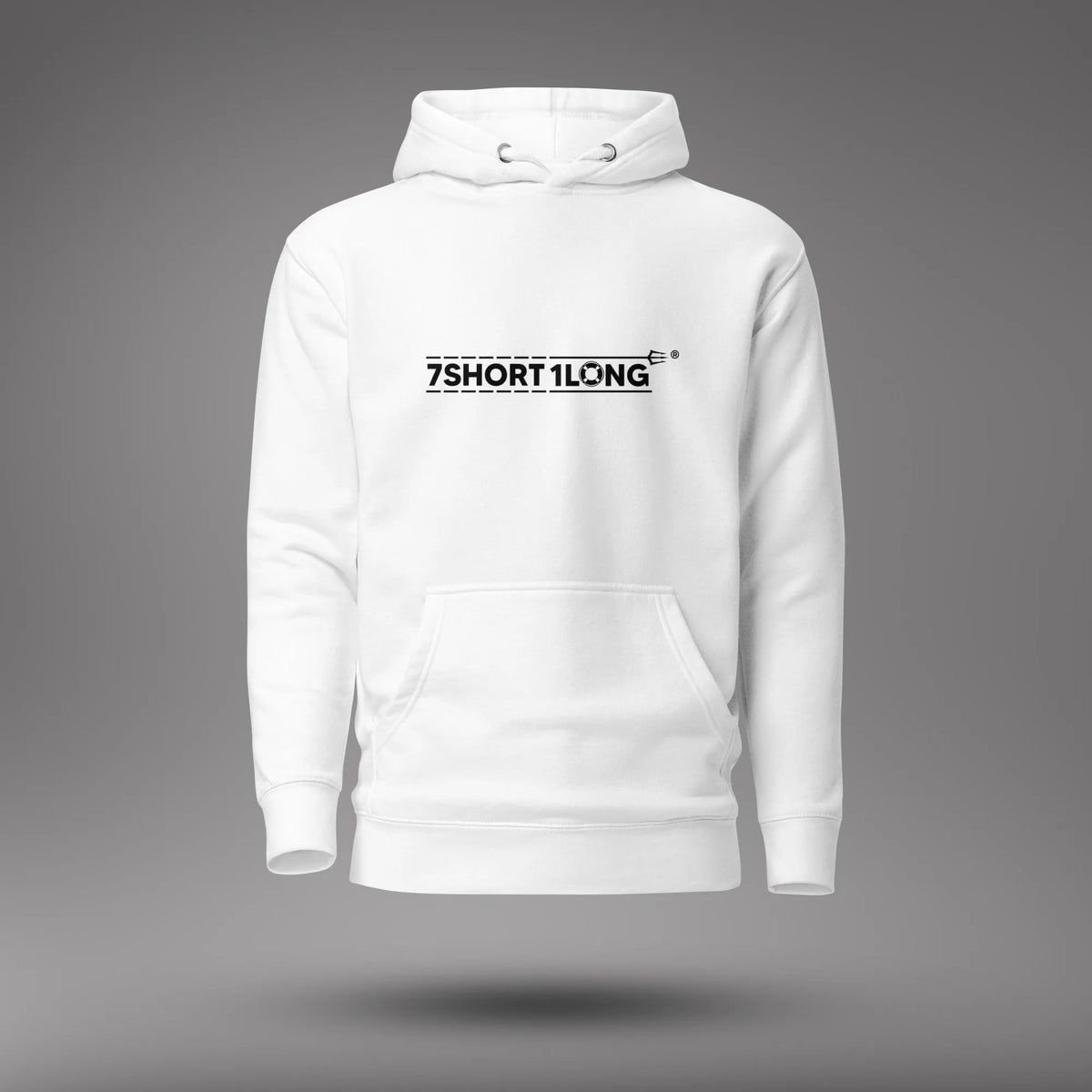 White Seafarer Daily Life Hoodie, front view with 7SHORT1LONG chest logo, floating on a gray studio background.