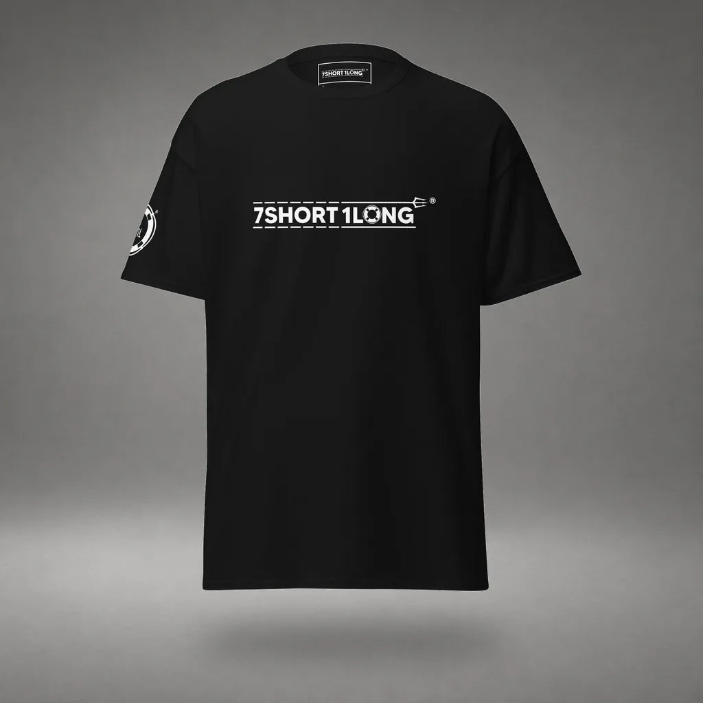 Seafarer Emergency Signal T-Shirt in Black, front view, floating over a gray studio floor.