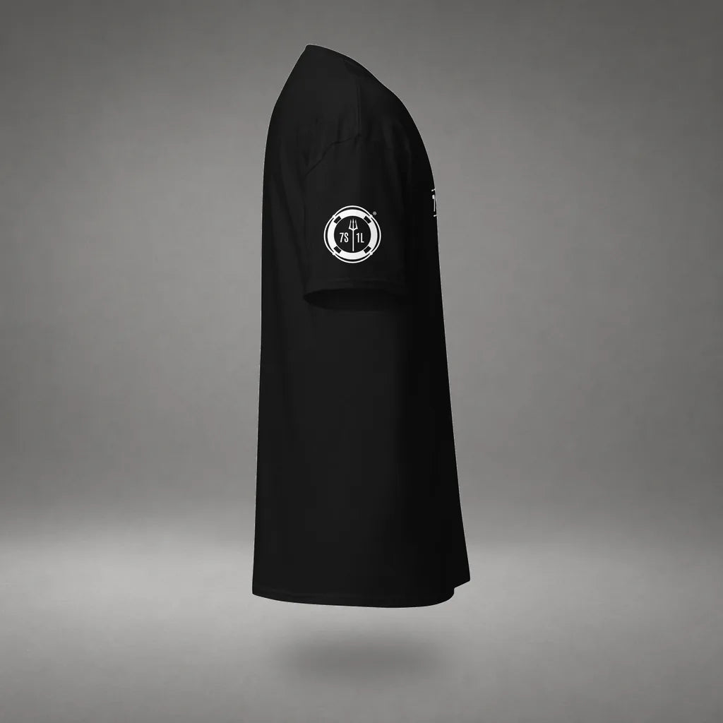 Seafarer Emergency Signal T-Shirt in Black, right side view, floating over a gray studio floor.