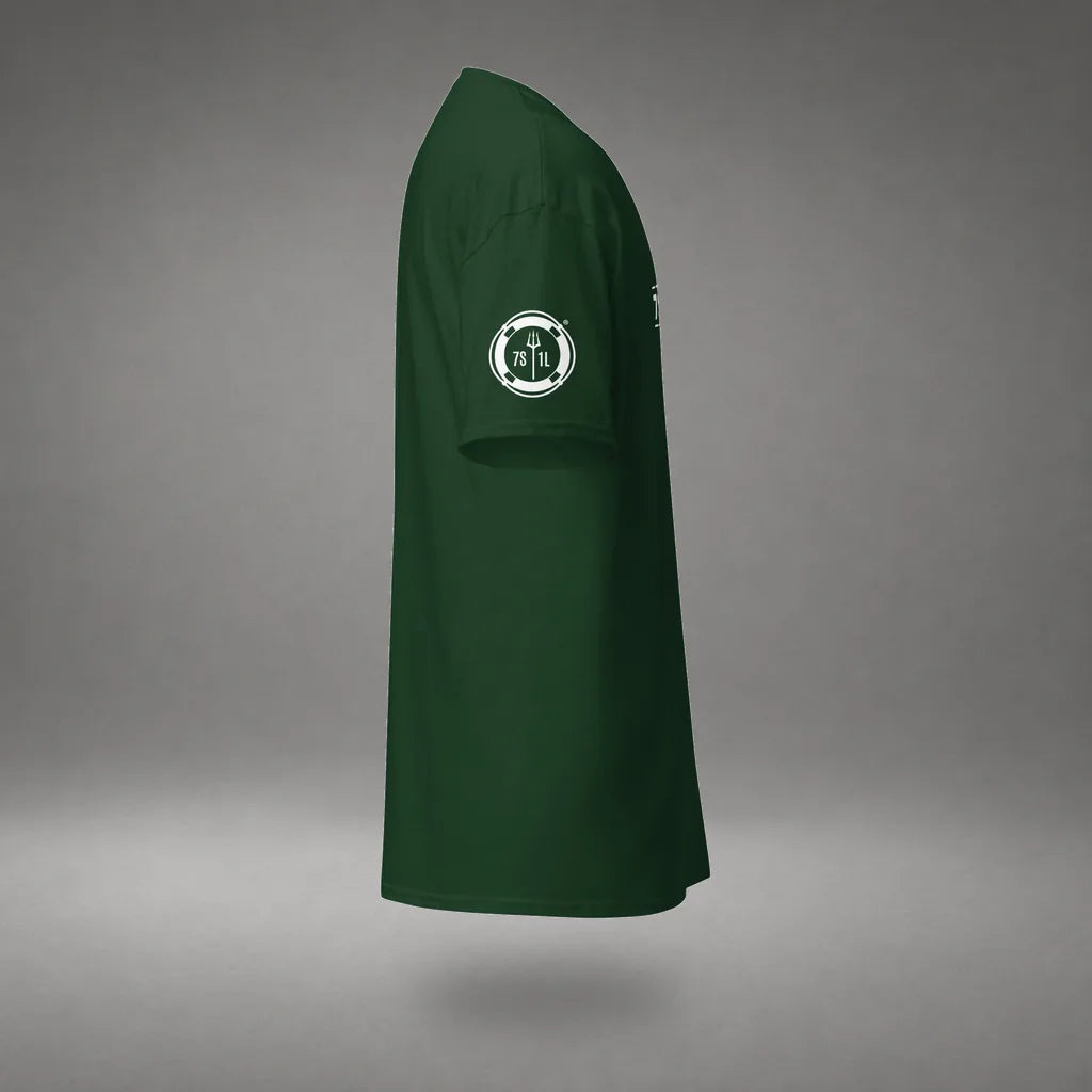 Seafarer Emergency Signal T-Shirt in Forest Green, right side view, floating over a gray studio floor.