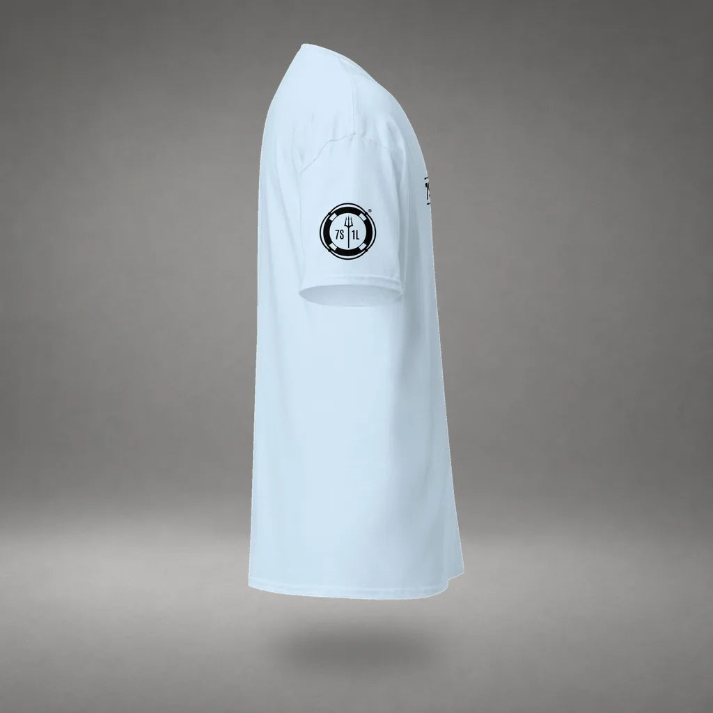 Seafarer Emergency Signal T-Shirt in Light Blue, right side view, floating over a gray studio floor.