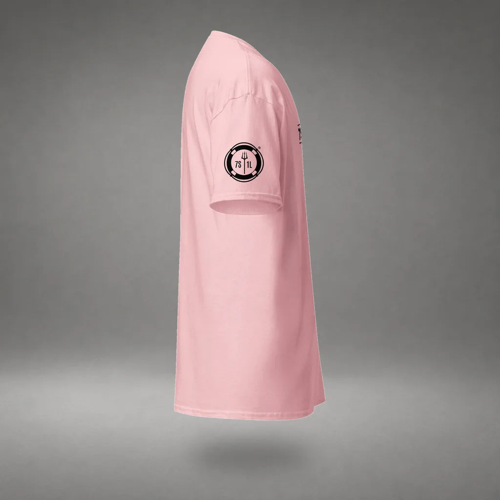 Seafarer Emergency Signal T-Shirt in Light Pink, right side view, floating over a gray studio floor.