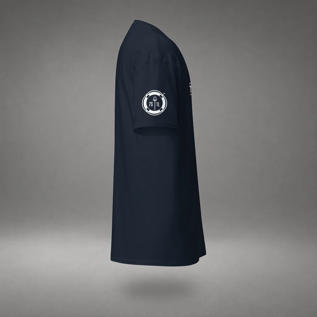 Seafarer Emergency Signal T-Shirt in Navy, right side view, floating over a gray studio floor.