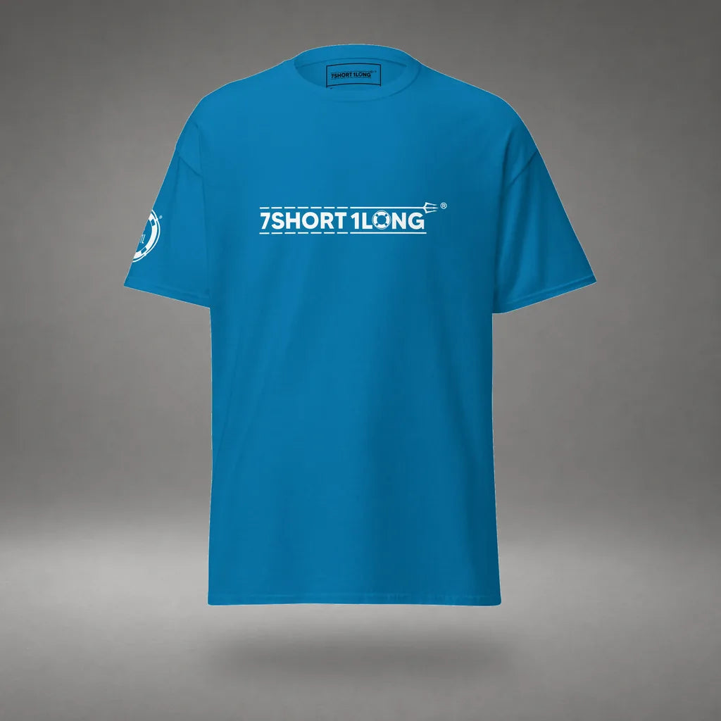 Seafarer Emergency Signal T-Shirt in Sapphire, front view, floating over a gray studio floor.