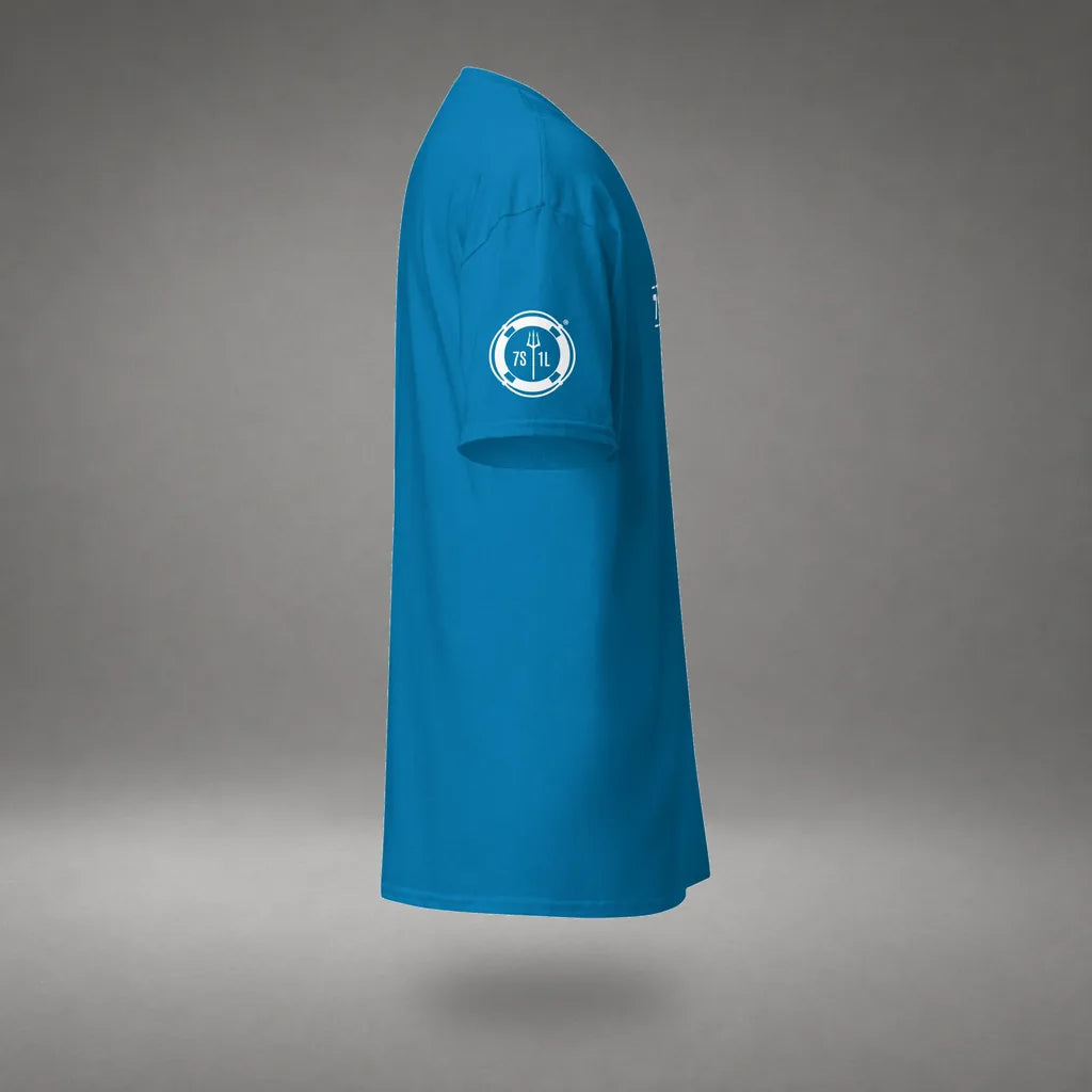 Seafarer Emergency Signal T-Shirt in Sapphire, right side view, floating over a gray studio floor.