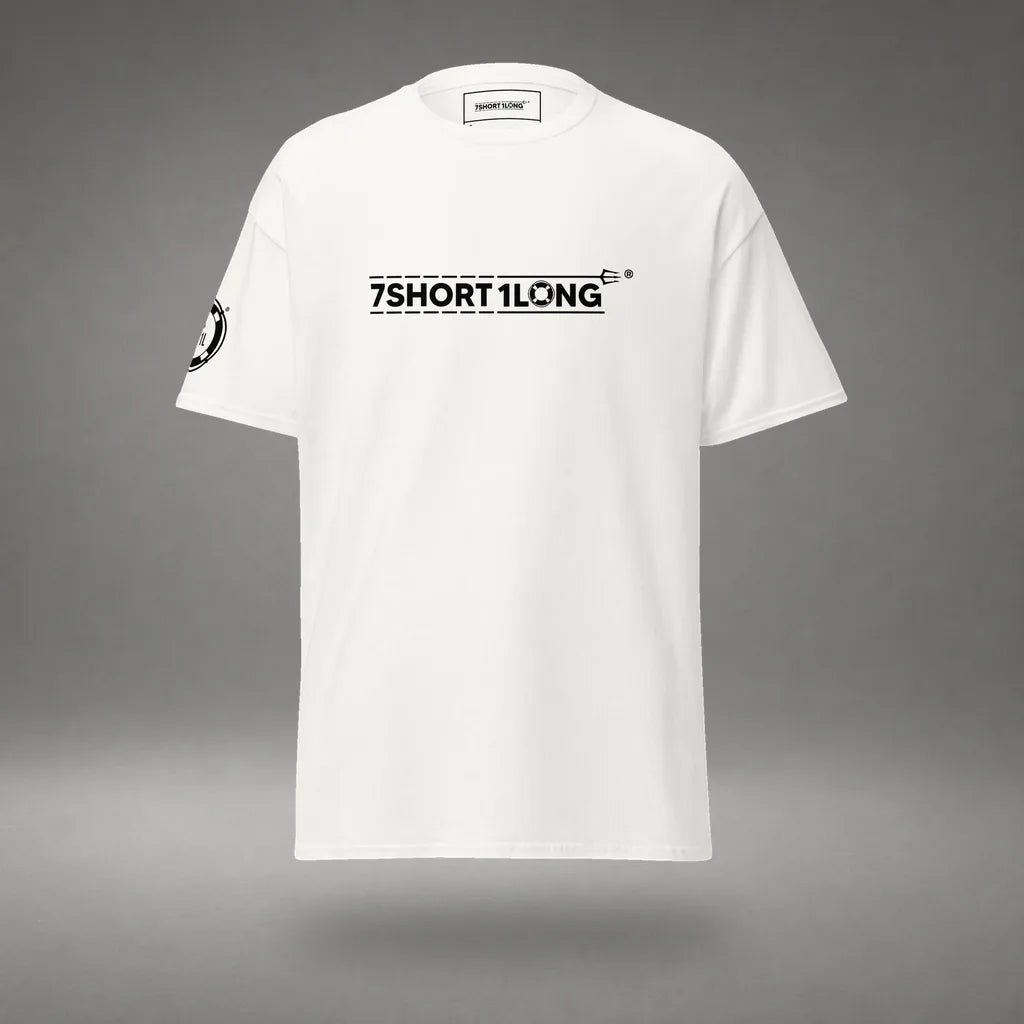 Seafarer Emergency Signal T-Shirt in White, front view, floating over a gray studio floor.