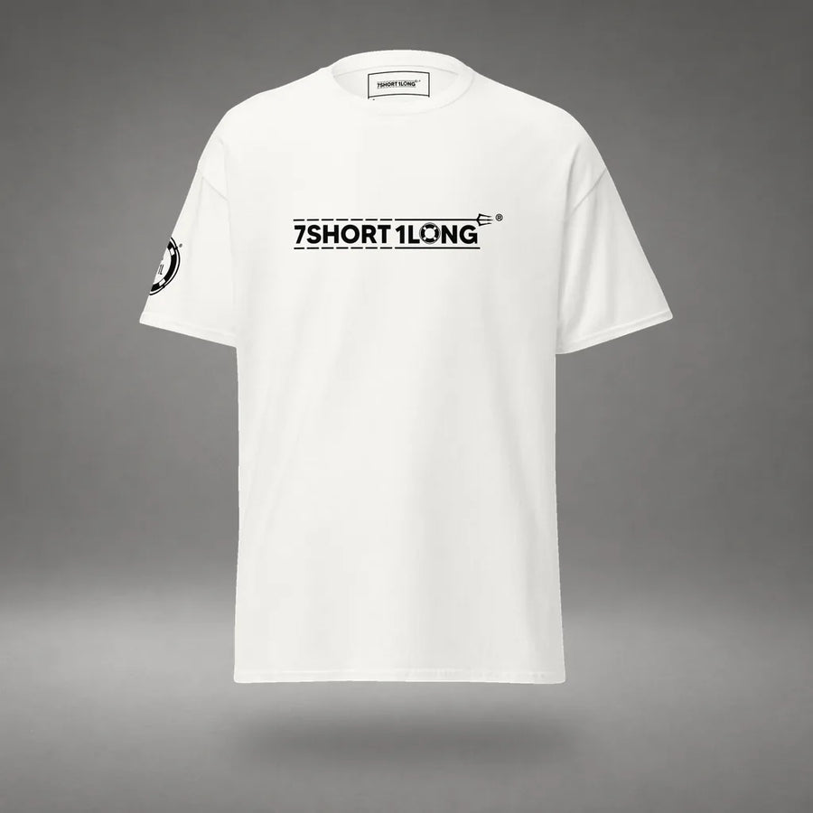 Seafarer Emergency Signal T-Shirt in White, front view, floating over a gray studio floor.