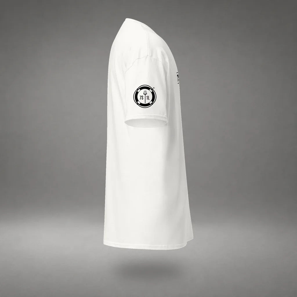 Seafarer Emergency Signal T-Shirt in White, right side view, floating over a gray studio floor.