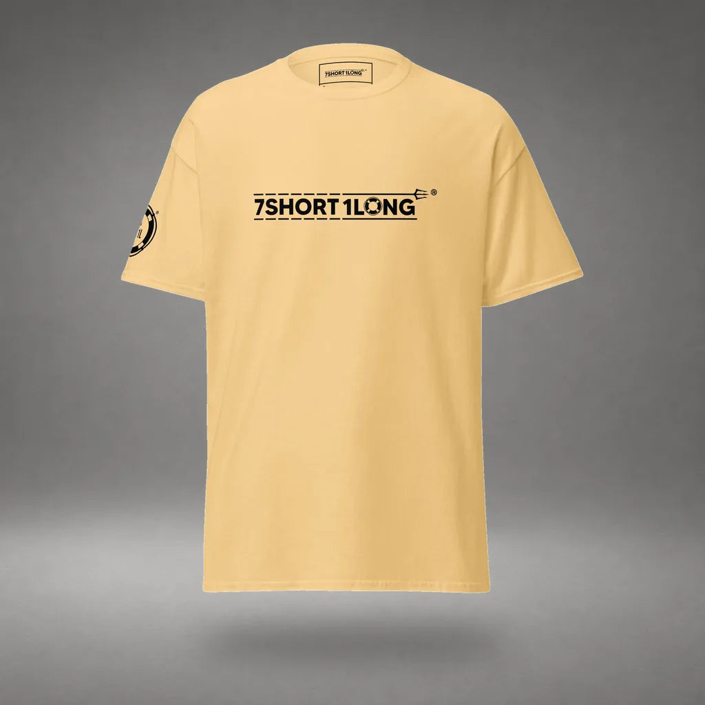 Seafarer Emergency Signal T-Shirt in Yellow Haze, front view, floating over a gray studio floor.