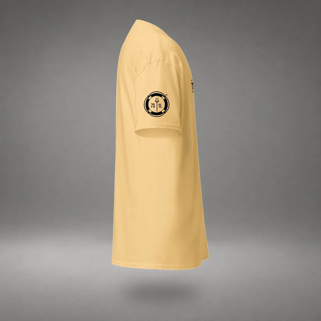 Seafarer Emergency Signal T-Shirt in Yellow Haze, right side view, floating over a gray studio floor.
