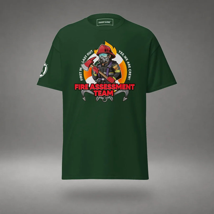Seafarer Fire Assessment Team Crew T-Shirt in Forest Green, featured product view, floating over a gray studio floor.