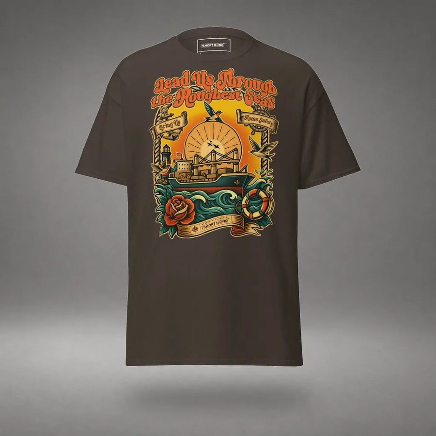 Seafarer Tattoo T-Shirt Bulk Carrier Design in Dark Chocolate, front view, floating over a gray studio floor.