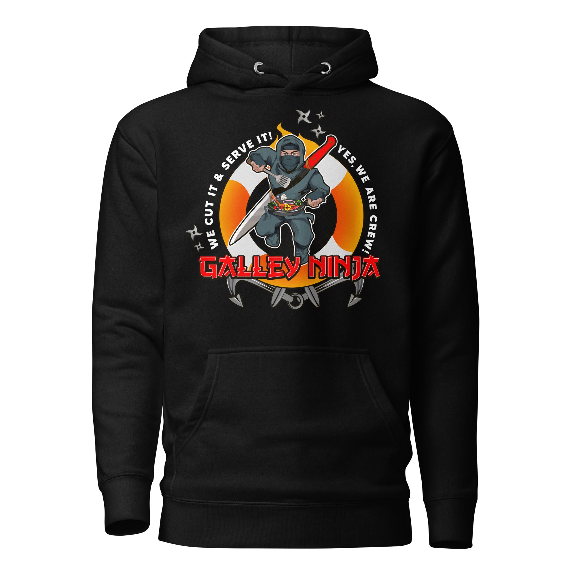 Seafarer Galley Department Crew Hoodie by 7SHORT1LONG® featuring a ninja cook design, casual navy hoodie with front pocket.