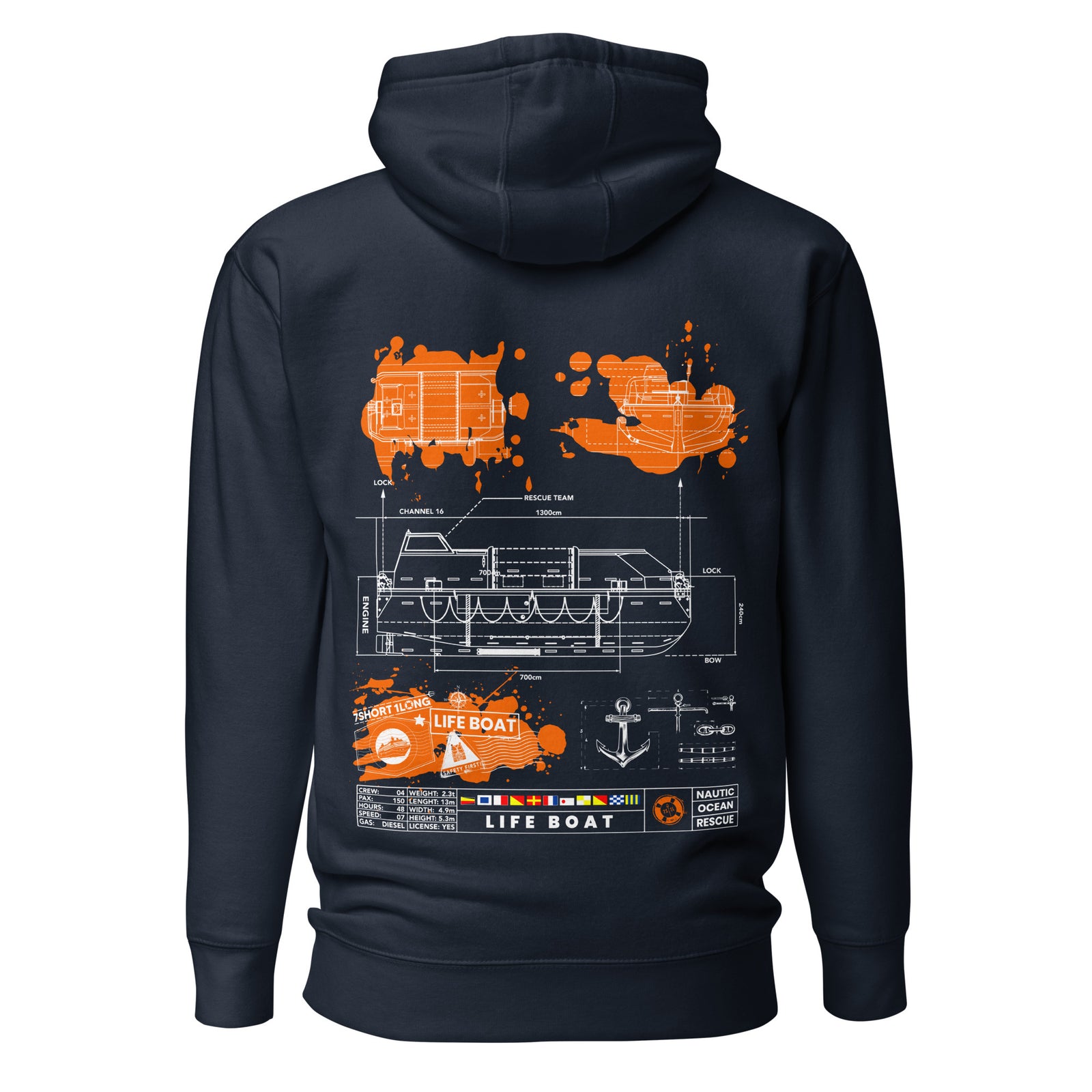 Lifeboat Safety Hoodie by 7SHORT1LONG® featuring seafarer safety graphics and a comfortable, casual fit for maritime workers.