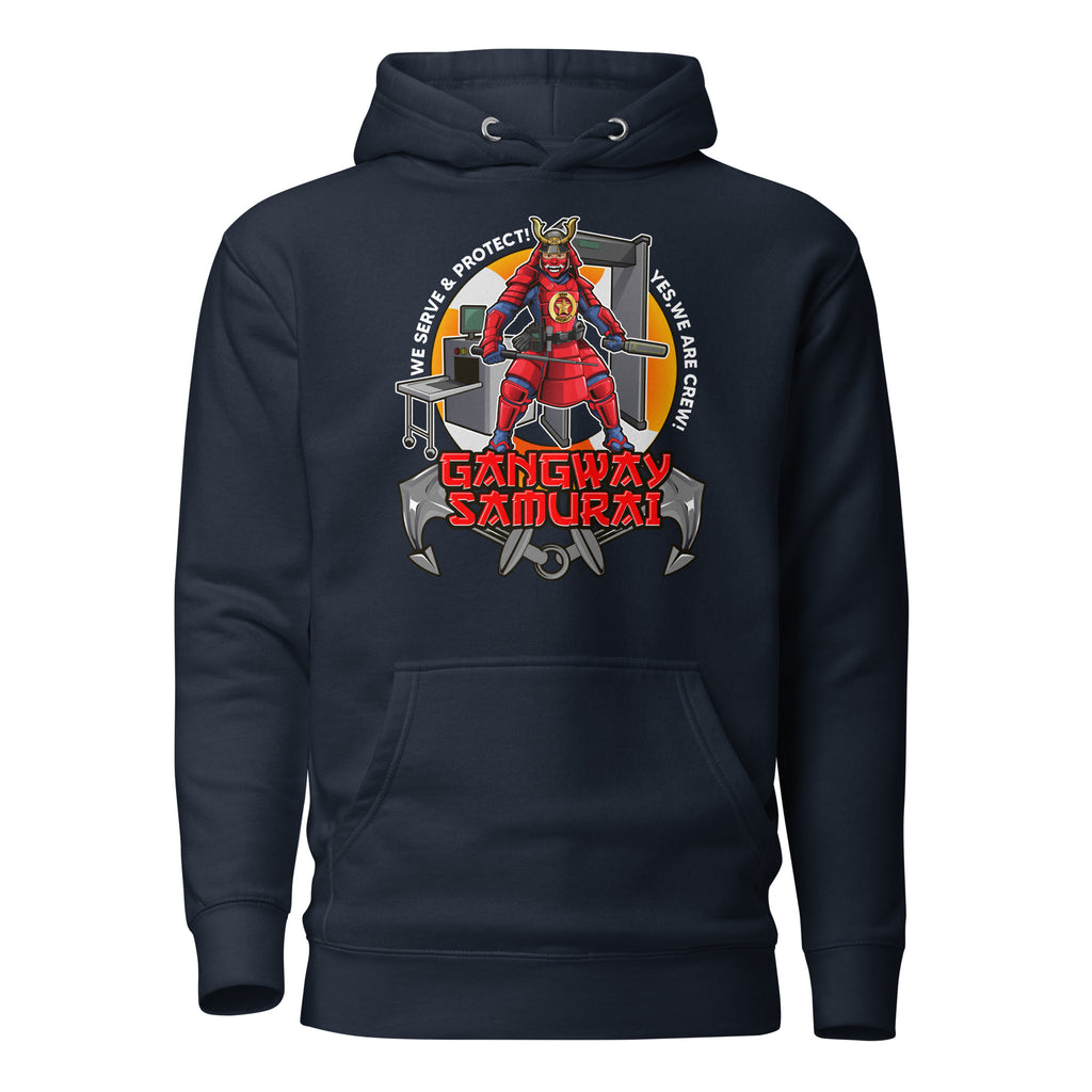 Seafarer security hoodie featuring a gangway Samurai Ship design by 7SHORT1LONG® for maritime-themed casual wear.