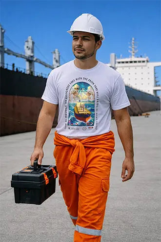 Seafarer wearing a seafarer t-shirt froma bulk carrier on a pier on the back a bulk cargo ship