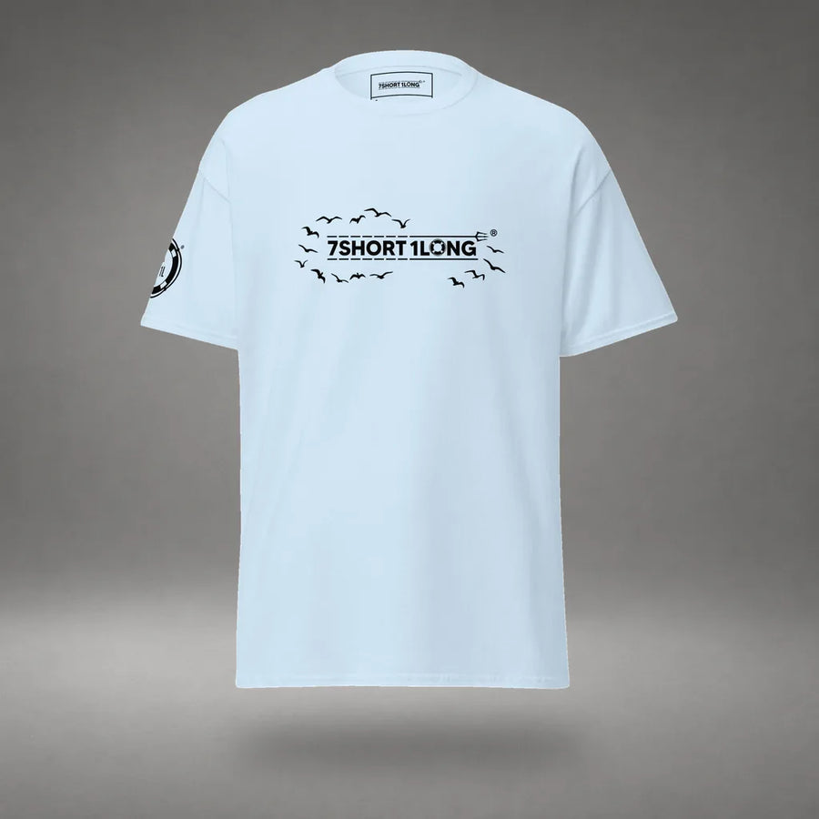 Seagull Club Maritime Seafarer T-Shirt in Light Blue, front view, floating over a gray studio floor.